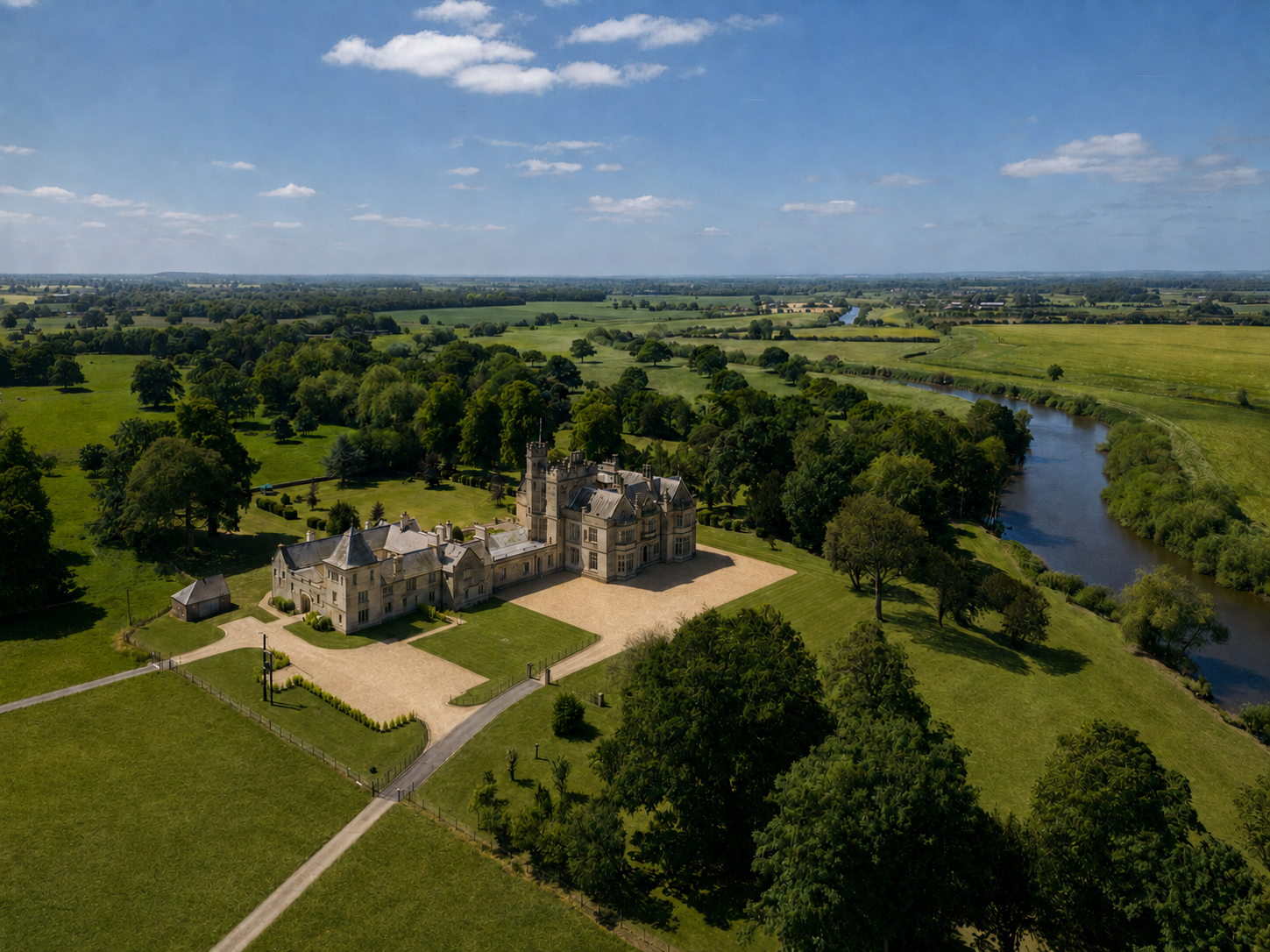 Aerial view of Moreby Hall and the River Ouse