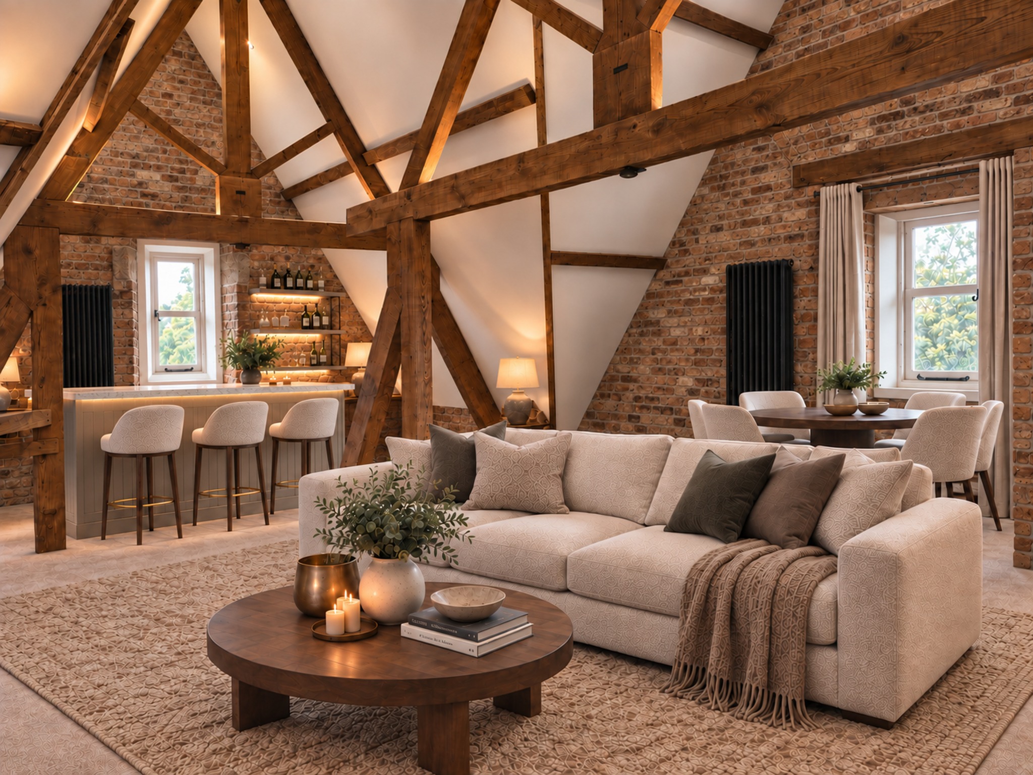 The Penthouse Above living room beneath the historic timber roof structure