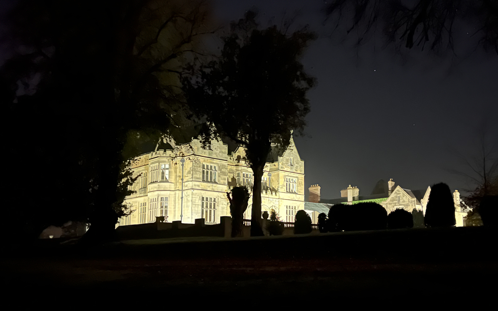 Moreby Hall illuminated at night